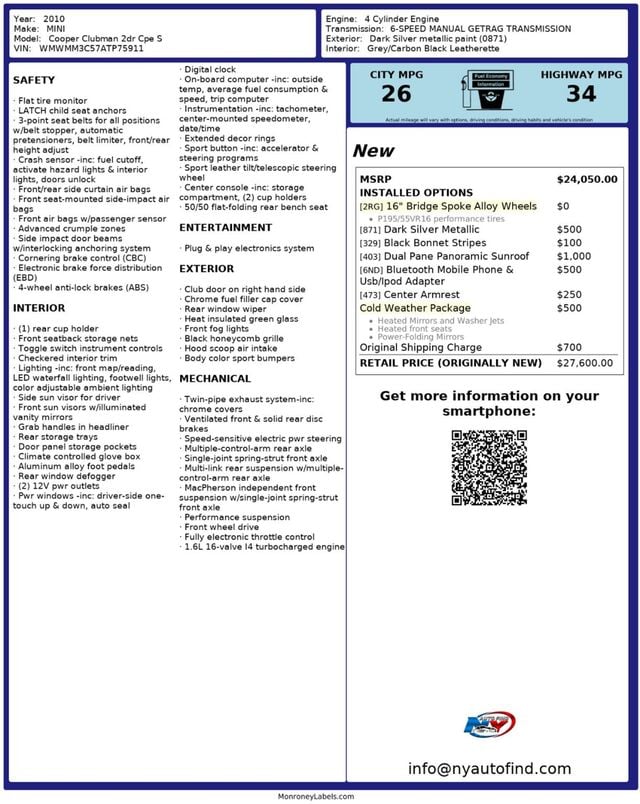 2010 MINI Cooper S Clubman 6-SPD MANUAL, PAN SUNROOF, HEATED SEATS, COLD WEATHER PKG - 22934209 - 22