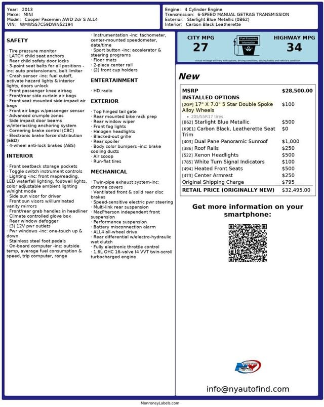 2013 MINI Cooper S Paceman CLEAN CARFAX, 6-SPD MANUAL, AWD, PAN SUNROOF, HEATED SEATS - 22917371 - 22