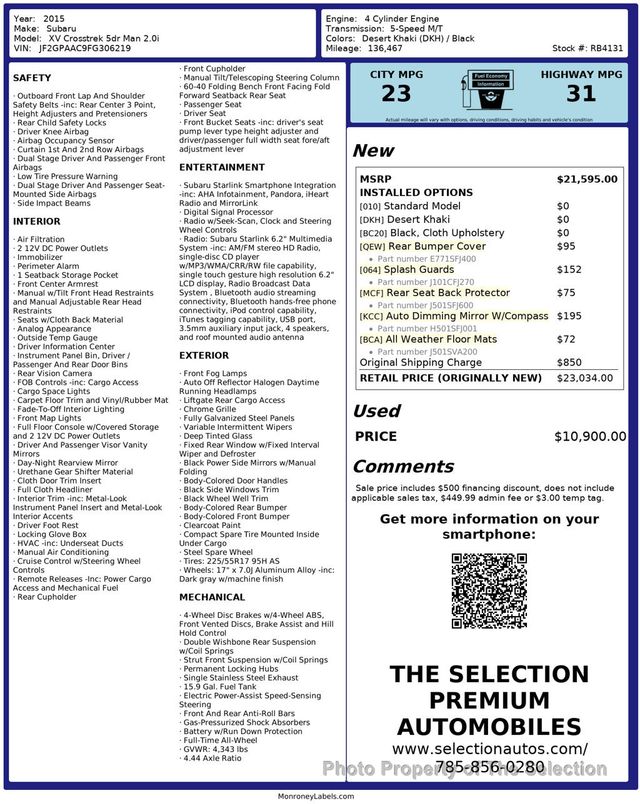 2015 Subaru XV Crosstrek 5DR MANUAL 2.0i W/BLUETOOTH AUDIO STREAMING CONNECTIVITY - 22931139 - 1