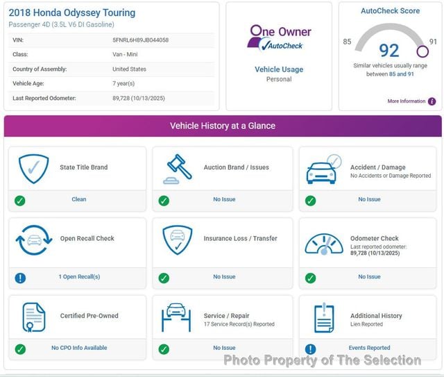 2018 Honda Odyssey TOURING W/ DVD PLAYER, BLIND SPOT, & ADAPTIVE CRUISE/LANE KEEP - 22934858 - 1