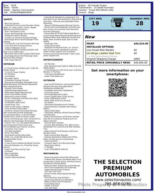 2018 Honda Odyssey TOURING W/ DVD PLAYER, BLIND SPOT, & ADAPTIVE CRUISE/LANE KEEP - 22934858 - 7