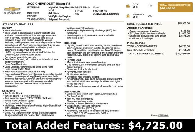 2020 Chevrolet Blazer FWD 4dr RS - 22900947 - 2