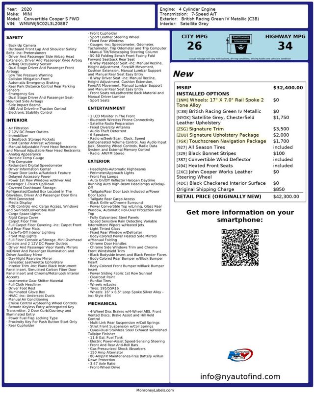 2020 MINI Cooper S Convertible CLEAN CARFAX, CONVERTIBLE, SIGNATURE TRIM, NAVI, UPHOLSTERY PKG  - 22672722 - 15