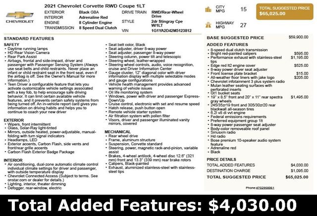2021 Chevrolet Corvette 2dr Stingray Coupe w/1LT - 22925760 - 2