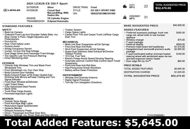 2021 Lexus ES ES 350 F SPORT FWD - 22911004 - 2