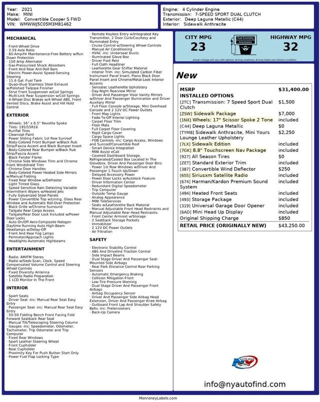 2021 MINI Cooper S Convertible CONVERTIBLE, SIDEWALK PKG, NAVI, 17" WHEELS, WIRELESS CHARGING  - 22344836 - 18