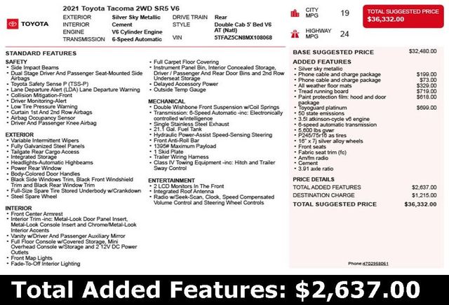 2021 Toyota Tacoma 2WD SR5 Double Cab 5' Bed V6 Automatic - 22930439 - 2