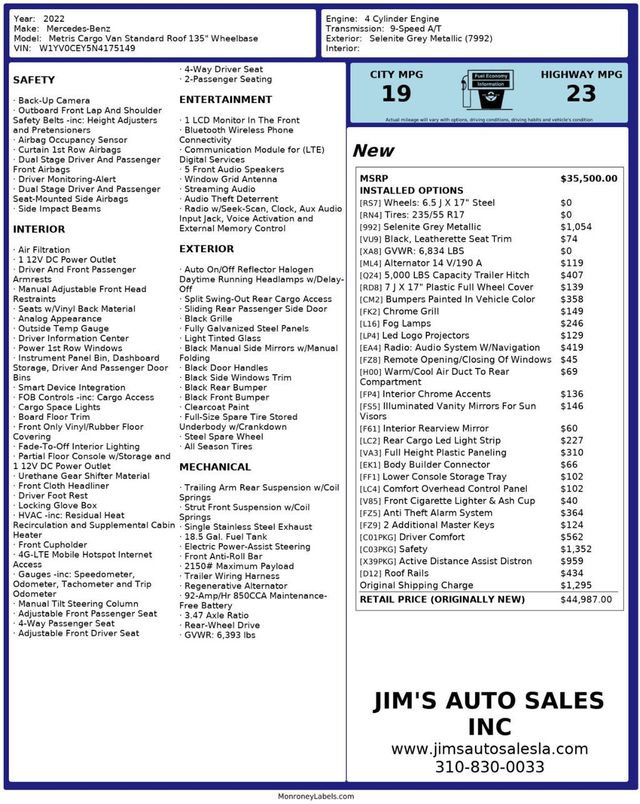 2022 Mercedes-Benz Metris Cargo Van Metris Cargo Van Standard Roof 135" Wheelbase - 22938200 - 6