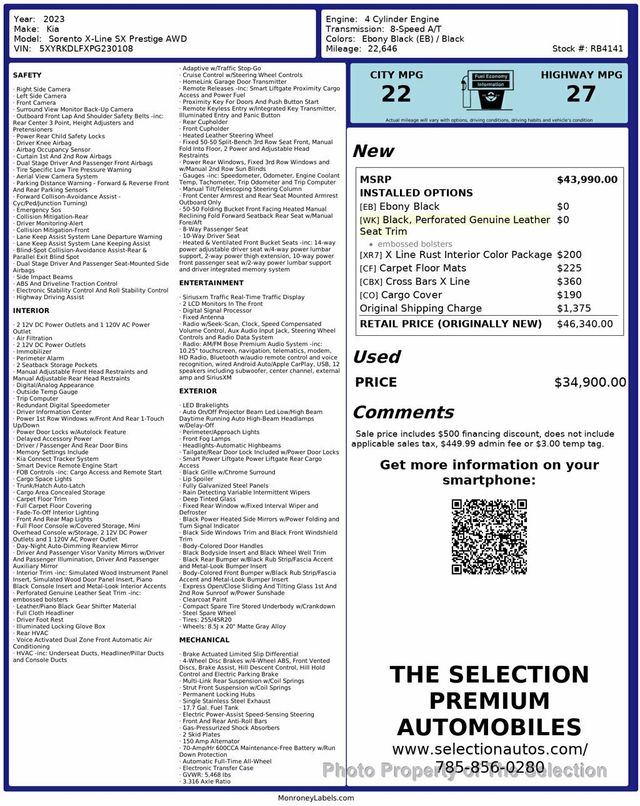 2023 Kia Sorento x-LINE SX PRESTIGE AWD W/PANO ROOF, NAV, APPLE CARPLAY - 22937621 - 1