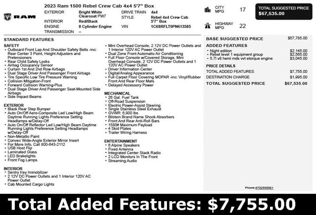 2023 Ram 1500 Rebel 4x4 Crew Cab 5'7" Box - 22923926 - 2