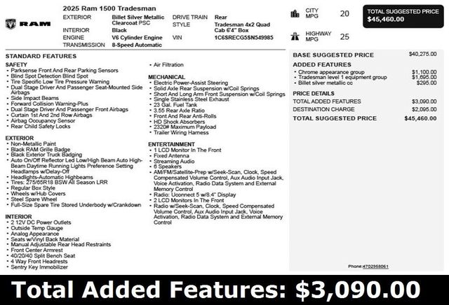 2025 Ram 1500 Tradesman 4x2 Quad Cab 6'4" Box - 22882470 - 2