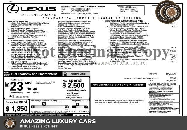 Red 2018 Lexus LS Sedan Rear-Wheel Drive Automatic