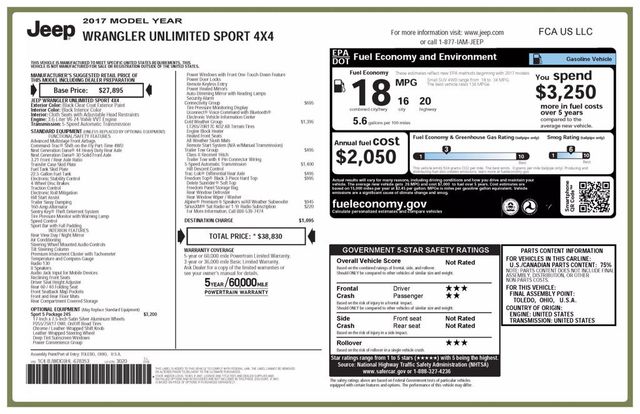 2017 Jeep Wrangler Unlimited Sport S Sport Utility 4D - 22858925 - 38