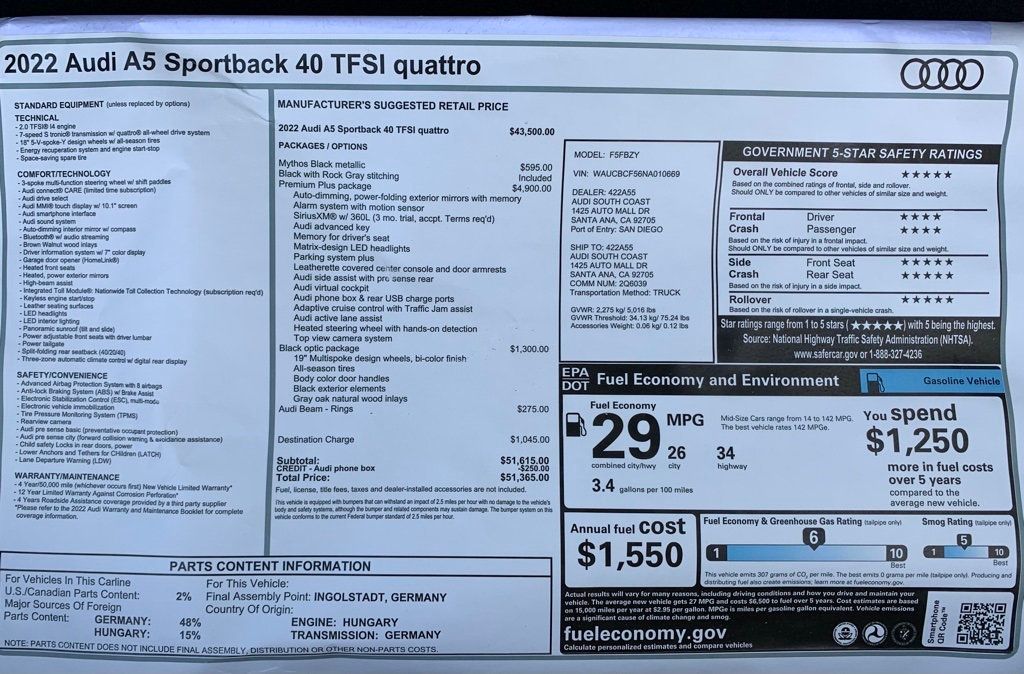 2022 Audi A5 Sportback Premium Plus 40 TFSI quattro - 21187438 - 5