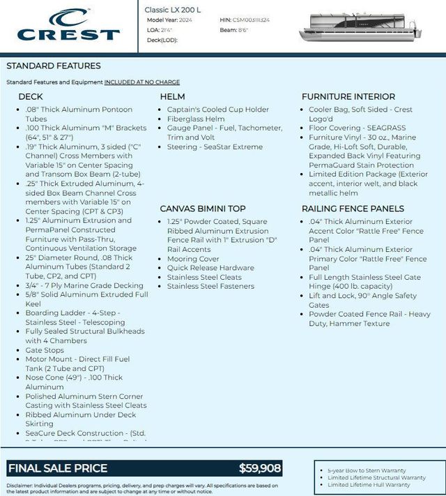 2024 Crest Pontoon Classic 200 L 90 CT Mercury $349 MONTH 6.99% OAC - 22119441 - 31
