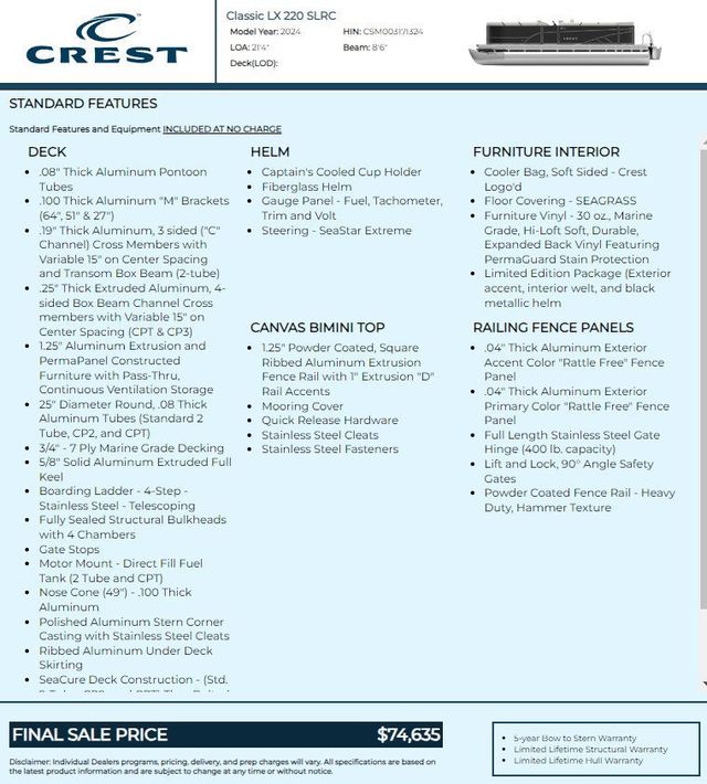 2024 Crest Pontoon Classic 220 SLRC 150L Mercury $415 MONTH 6.99% OAC - 22119440 - 42