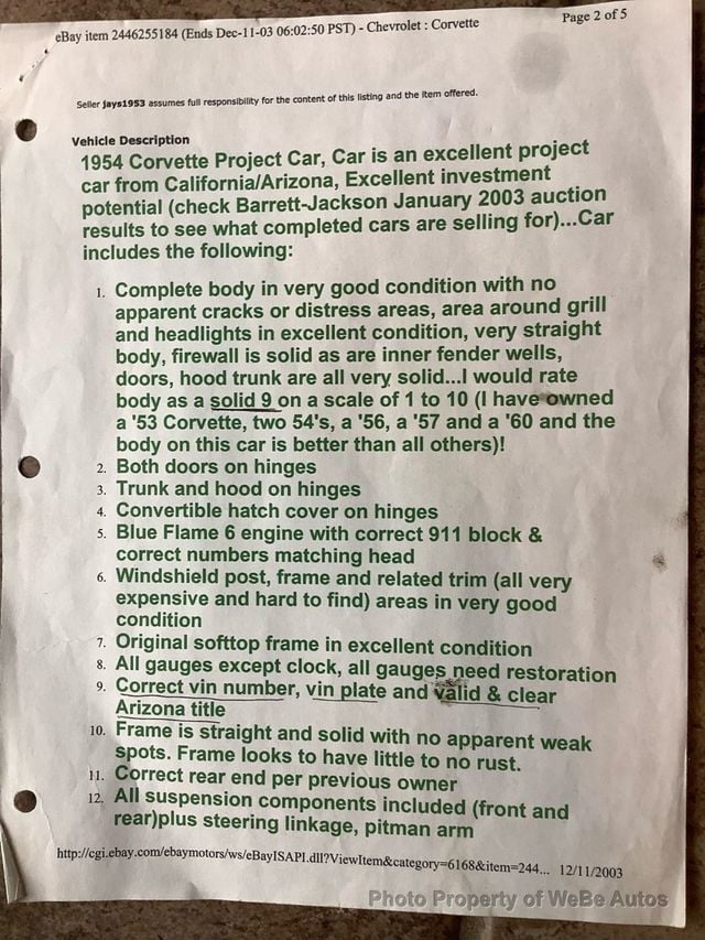 1954 Chevrolet Corvette For Sale  - 22945356 - 93