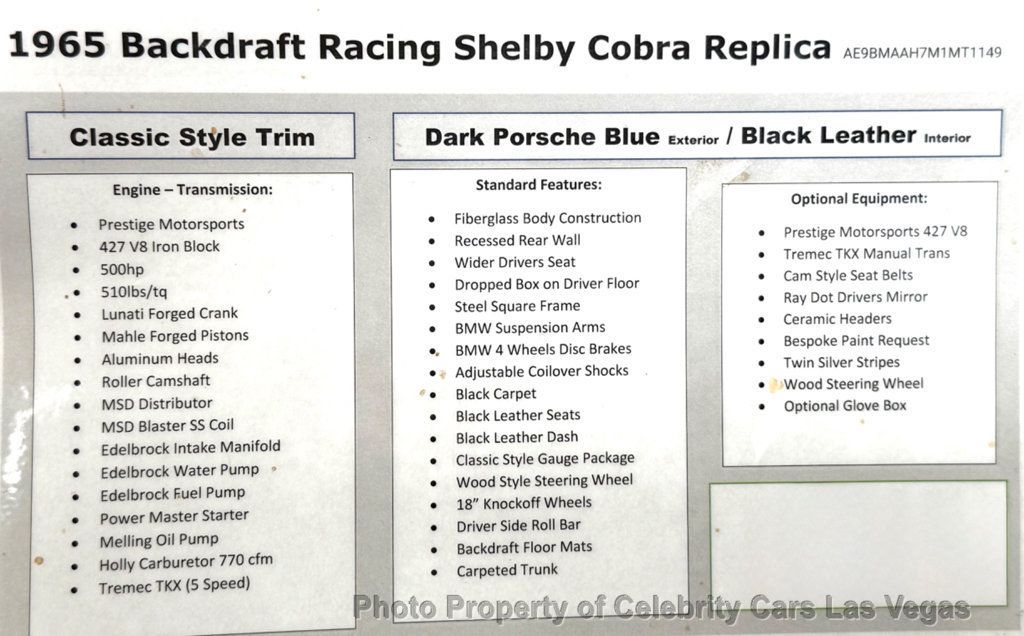 1965 Shelby Cobra Backdraft Replica Backdraft 427 V8 BRD 500 HP  - 23081134 - 3