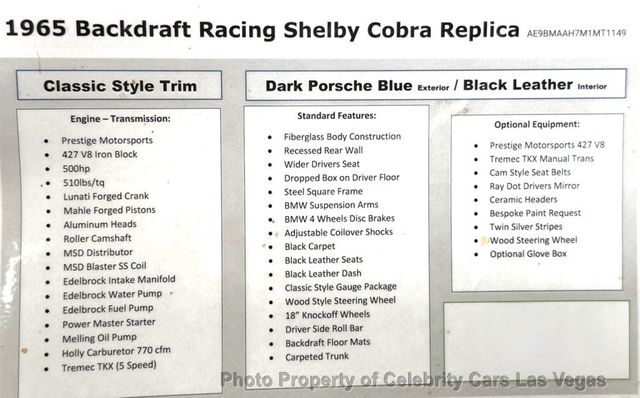1965 Shelby Cobra Backdraft Replica Backdraft 427 V8 BRD 500 HP  - 23081134 - 3