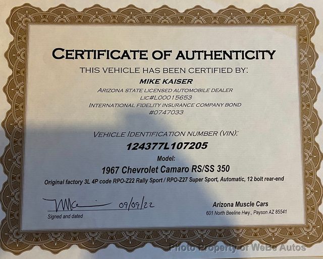 1967 Chevrolet Camaro RS/SS For Sale - 22908408 - 73
