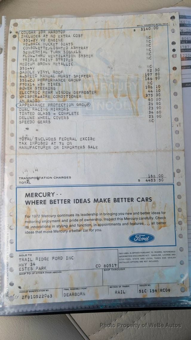 1972 Mercury Cougar Q Code For Sale - 22907622 - 92