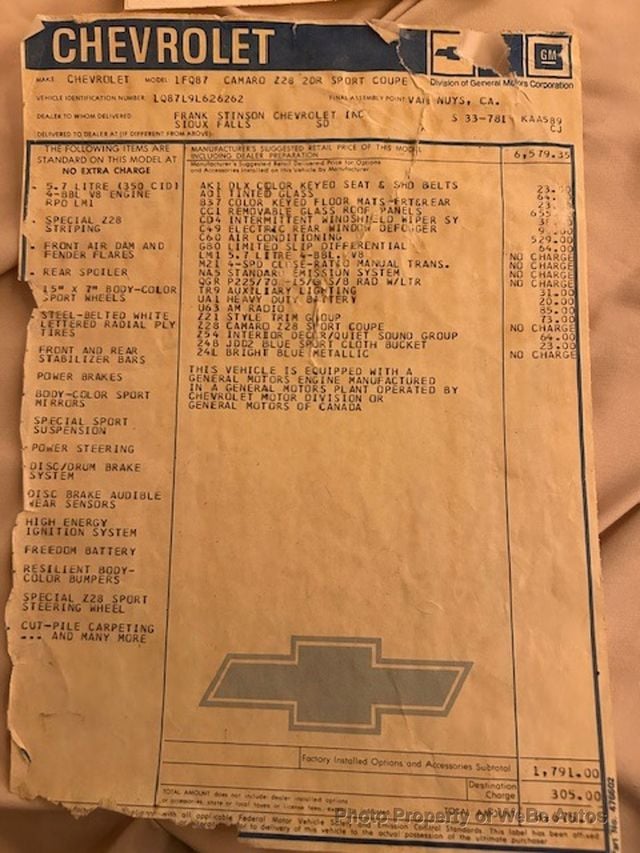 1979 Chevrolet Camaro Z28 For Sale  - 22936627 - 97