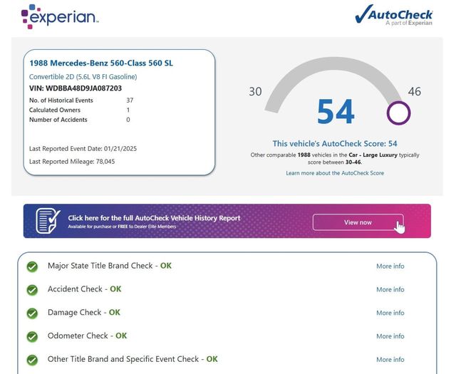 1988 Mercedes-Benz 560 560SL 1 Owner Clean Carfax Florida Car - 22946172 - 1