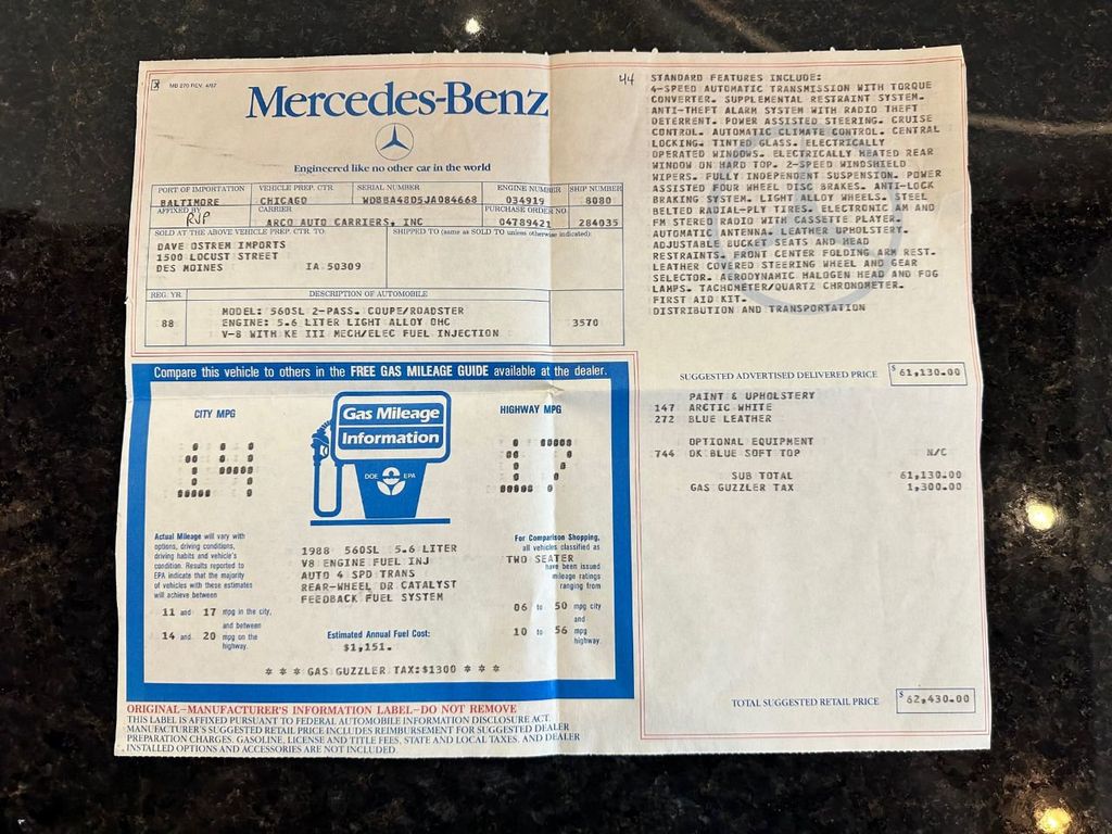 1988 Mercedes-Benz 560SL 1-Owner, Original MSRP, Original Bill of Sale, WOW - 22088992 - 74
