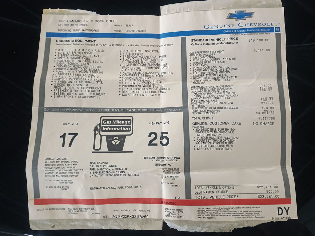 1995 Chevrolet Camaro 2dr Coupe Z28 1 Owner - 22972995 - 53