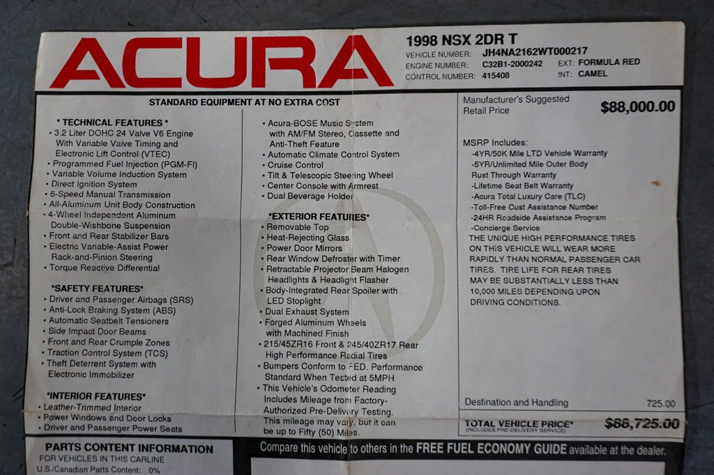 1998 Acura NSX *NSX-T* *6-Speed Manual* *Serviced* *Low Miles* *Clean Spec* - 22867690 - 97