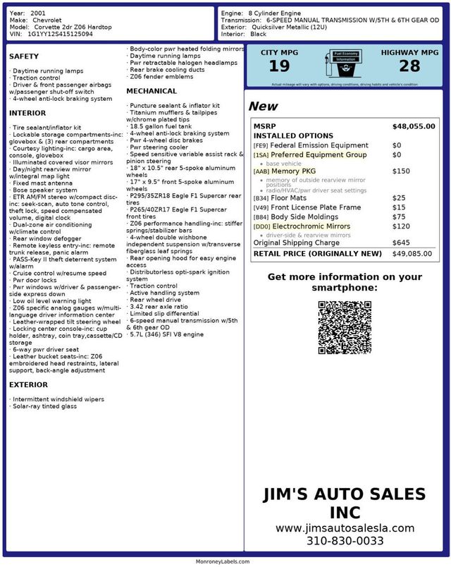 2001 Chevrolet Corvette 2dr Z06 Hardtop - 22838595 - 8