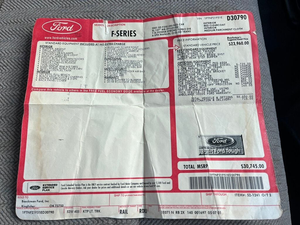 2001 Ford Super Duty F-250 Regular Cab Long Bed 4x4 7.3L Powerstroke Diesel 6-speed Manual  - 22999385 - 95