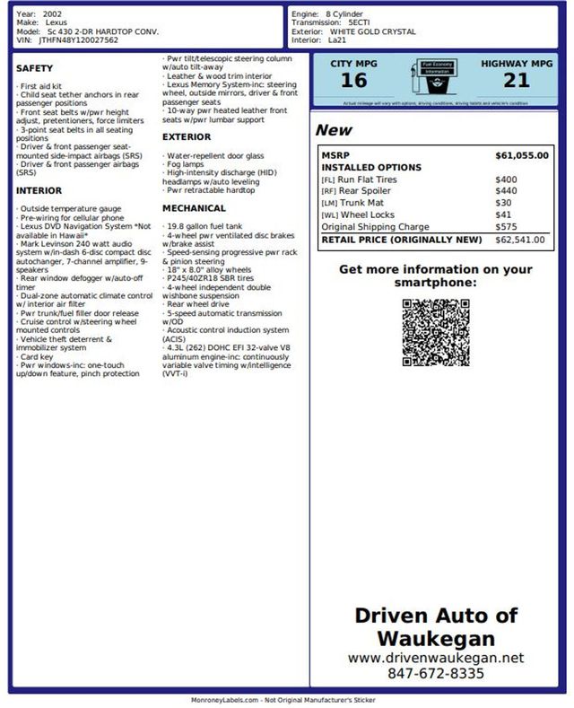 2002 Lexus SC 430 2dr Convertible - 22975726 - 28