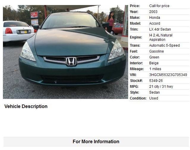 2003 Honda Accord Sedan LX Automatic - 18372066 - 1