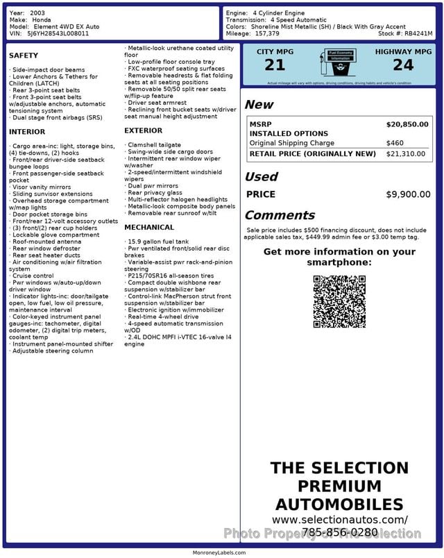 2003 Honda Element 4WD EX AUTOMATIC W/FXC WATERPROOF SEATS - 23011325 - 2