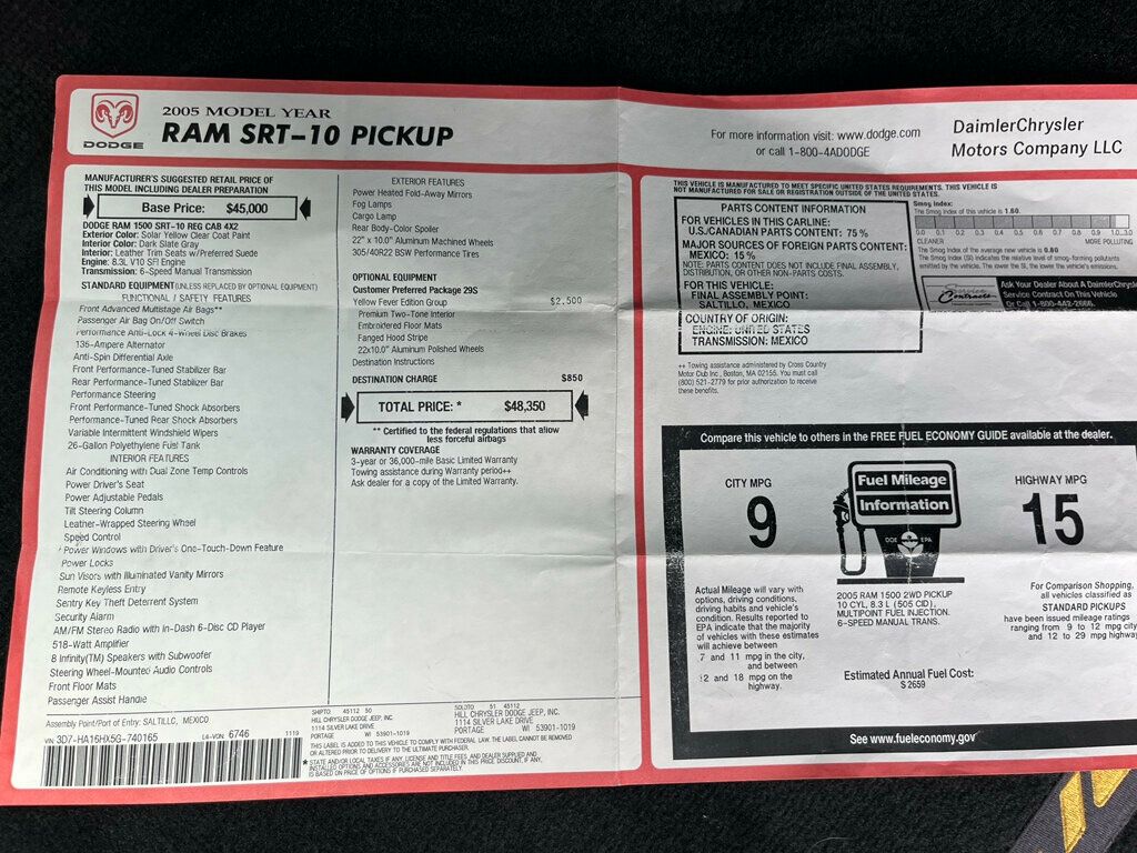2005 Dodge Ram SRT-10 Yellow Fever Edition 139 of 500 - 23035680 - 17