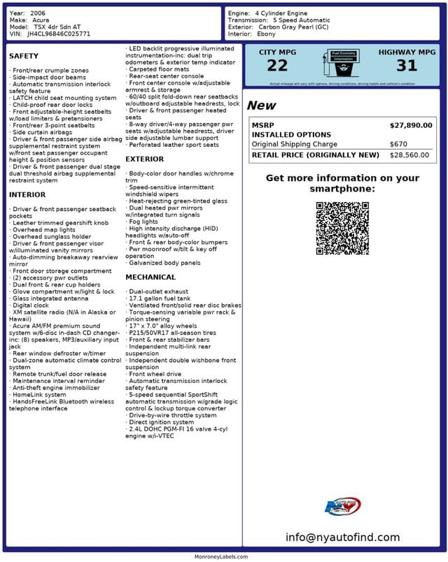 2006 Acura TSX AT, POWER SUNROOF, HID LIGHTS, 17" ALLOY WHEELS, SPORT SEATS - 22906912 - 25