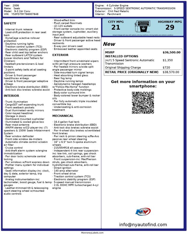 2006 Saab 9-3 CONVERTIBLE, HEATED MIRRORS, 150W SOUND SYSTEM, POWER SEAT - 22960920 - 23