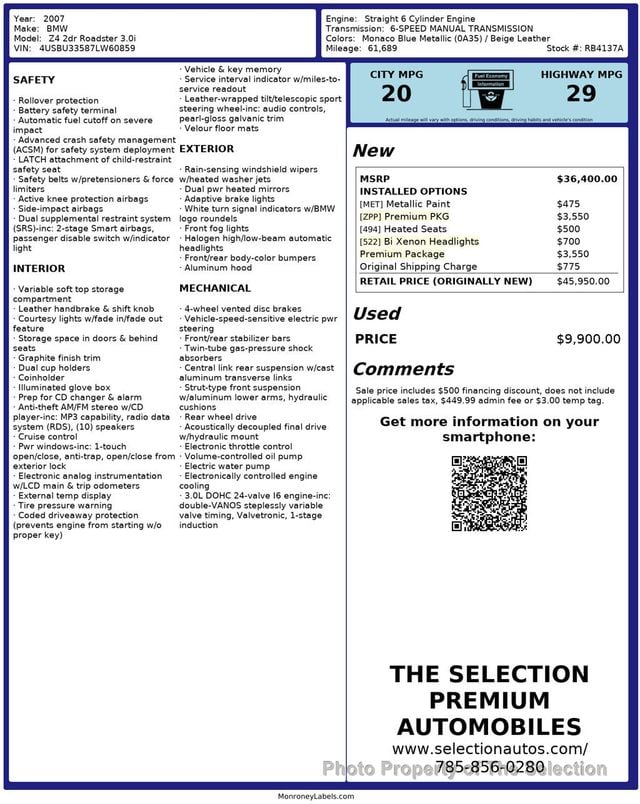 2007 BMW Z4 ROADSTER 3.0i W/PREMIUM PACKAGE & BI XENON HEALIGHTS - 22942618 - 2