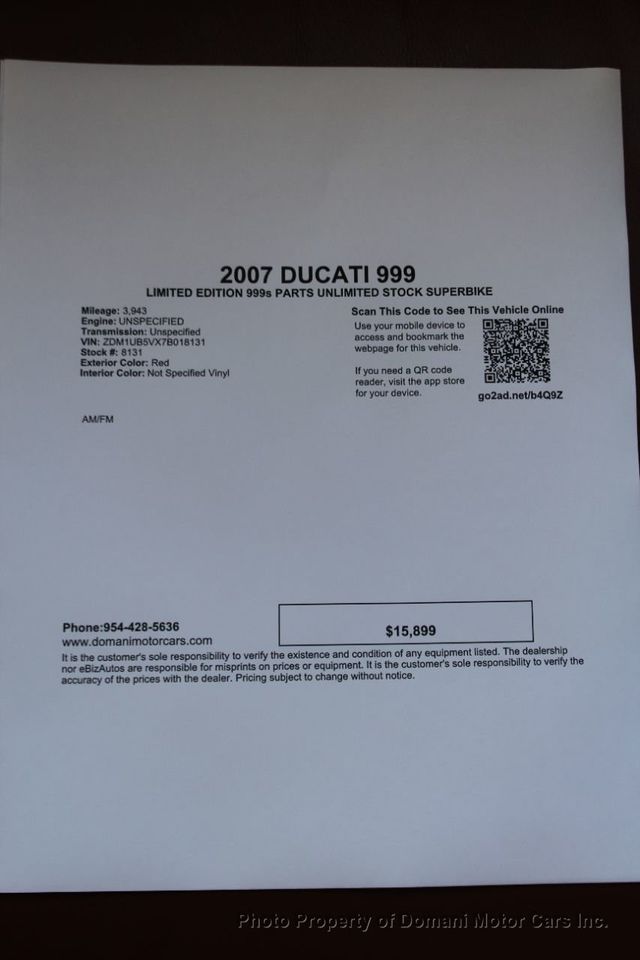 2007 DUCATI 999 OWN $241, LIMITED EDITION  999s PARTS UNLIMITED STOCK SUPERBIKE  - 20990365 - 4
