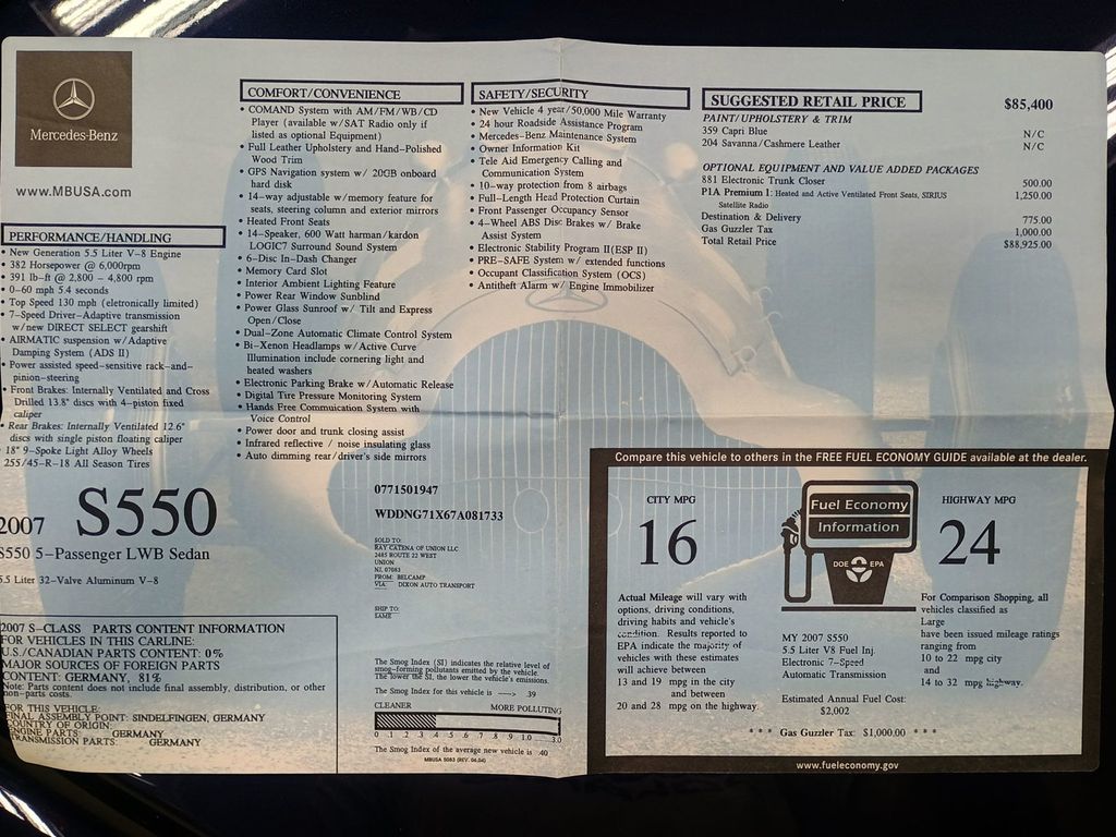 2007 Mercedes-Benz S-Class S550 4dr Sedan 5.5L V8 RWD Florida Car - 22970550 - 52