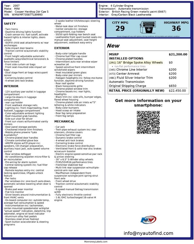 2007 MINI Cooper S Hardtop 2 Door 1 OWNER, 16" ALLOY WHEELS, CHROME LINE INTERIOR, CENTER ARMREST - 22938784 - 23