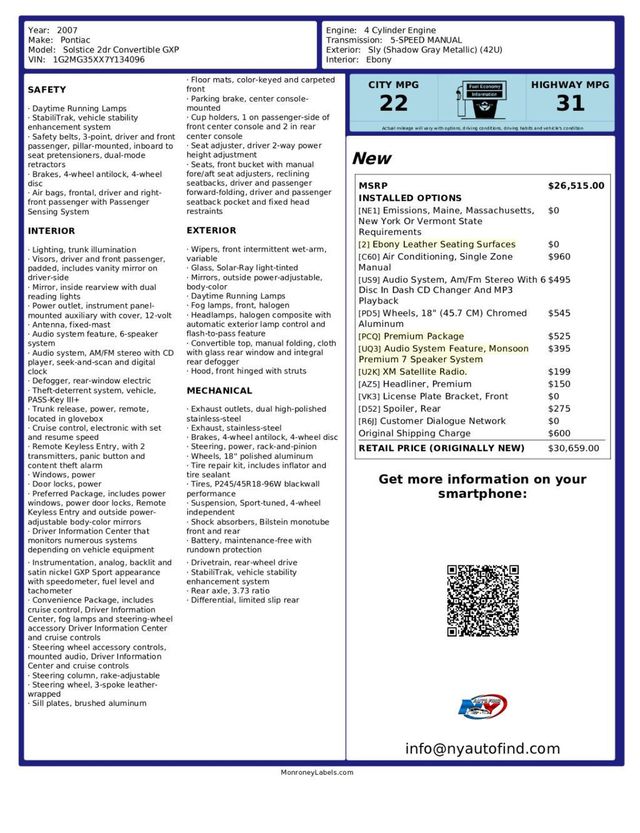 2007 Pontiac Solstice CLEAN CARFAX, GXP, CONVERTIBLE, 5-SPD MANUAL, PREMIUM PKG - 23082001 - 9