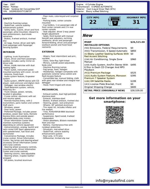 2007 Pontiac Solstice CONVERTIBLE, GXP, PREMIUM PKG, LEATHER, AIR CONDITION, XM RADIO - 22989783 - 21
