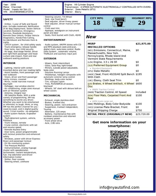 2008 Chevrolet Impala LS, 4 WHEEL ANTILOCK BRAKES, FRONT BENCH SEAT, KEYLESS ENTRY - 22953591 - 25