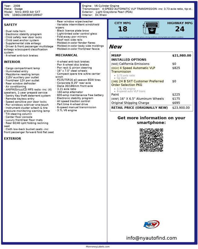 2008 Dodge Nitro 4X4, SXT, KEYLESS ENTRY, ROOF RACK SIDE RAILS, 3.73 AXLE RATIO - 22989781 - 10