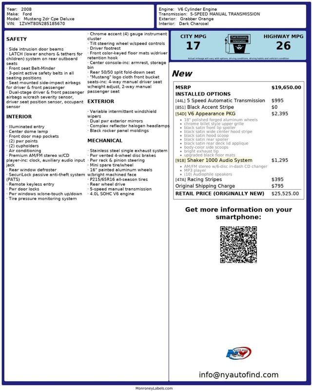 2008 Ford Mustang DELUXE, APPEARANCE PKG, 18" WHEELS, SHAKER 1000 AUDIO - 22953841 - 22