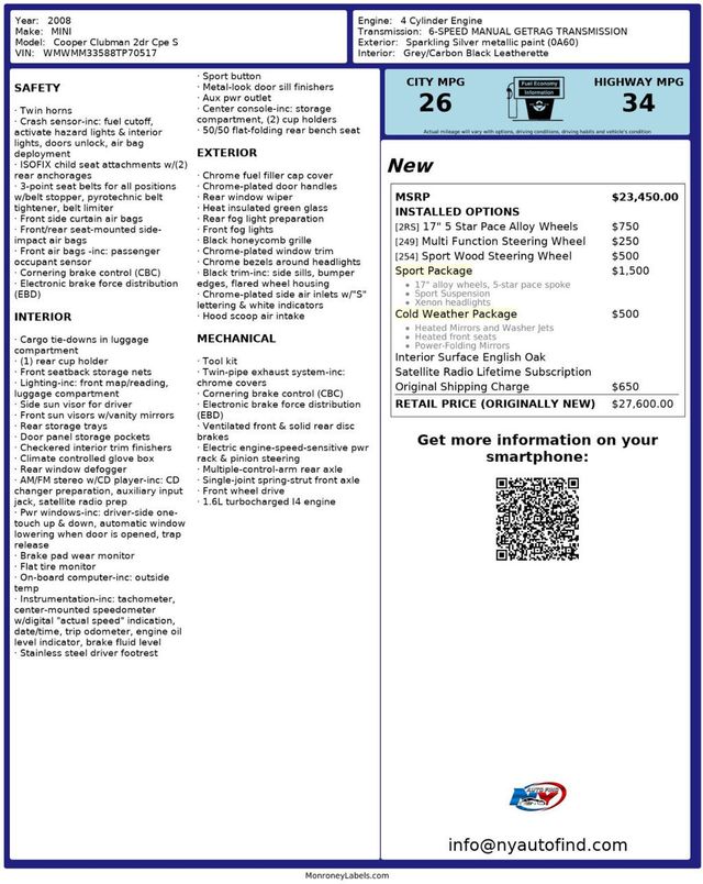 2008 MINI Cooper S Clubman CLEAN CARFAX, 6-SPD MANUAL, ALLOY WHEELS, SPORT, HEATED SEATS - 22961985 - 23