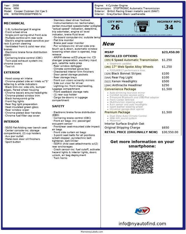2008 MINI Cooper S Clubman PANORAMIC SUNROOF, PREMIUM, CONVENIENCE PKG, 17" ALLOY WHEELS - 22284186 - 14