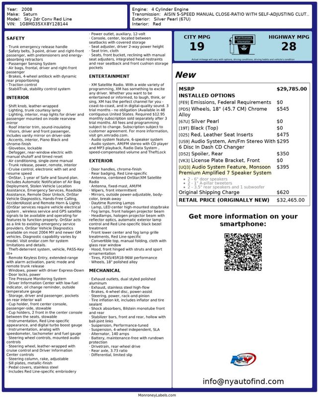 2008 Saturn Sky RED LINE, CONVERTIBLE, 5-SPD MANUAL, MONSOON SOUND, SPOILER - 22919079 - 22